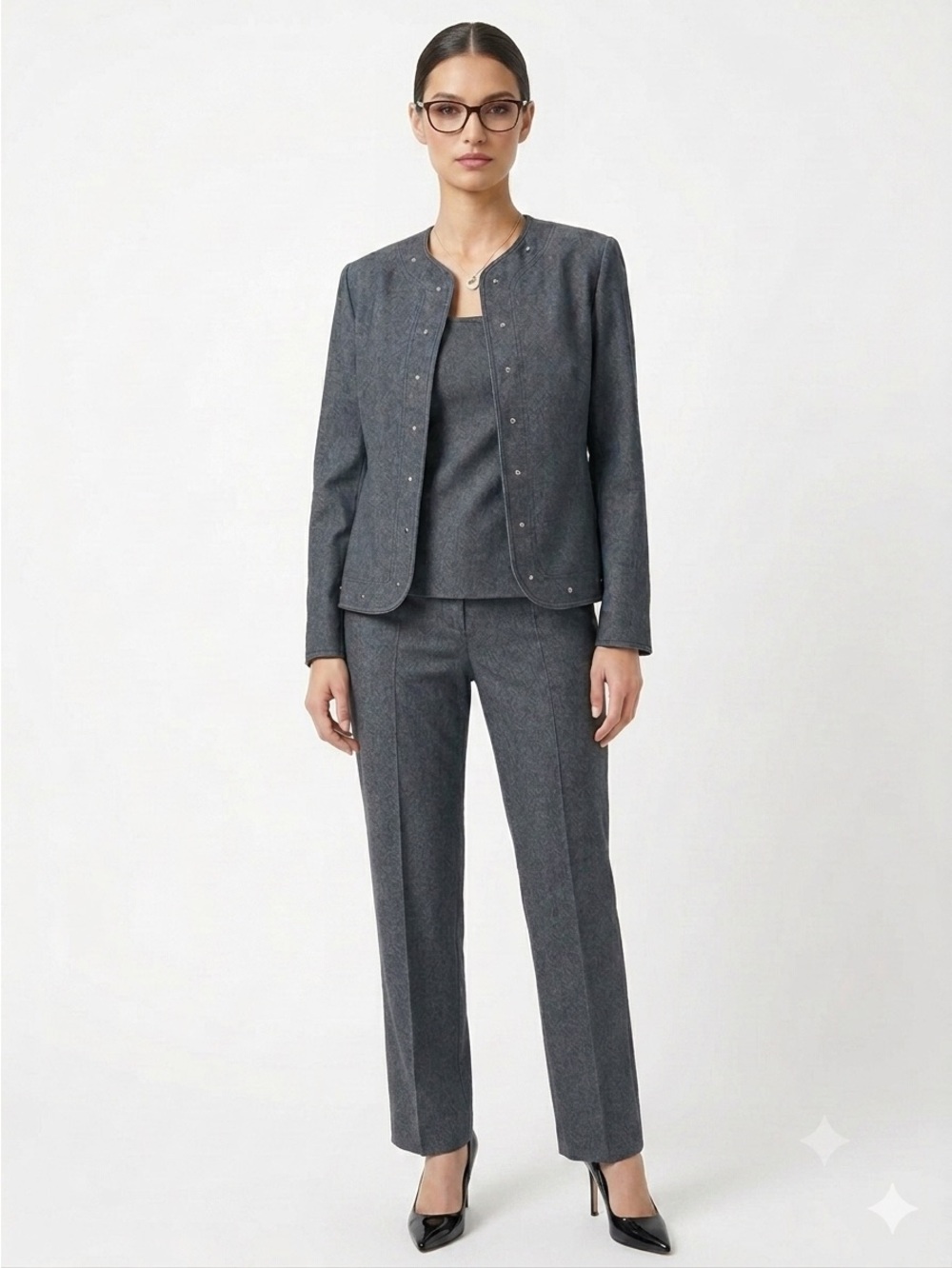 Kasper Grey Women’s 3 Piece Suit Blazer w/ Metal Embellishment Cotton blend Sz 8